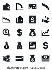 Set of vector isolated black icon - credit card vector, dollar sign, money bag, crisis graph, cash, receipt, wallet, growth, search, investment