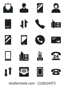 Set of vector isolated black icon - phone vector, mobile, office, 24 hours, support, cell, radio, mail, call, data exchange