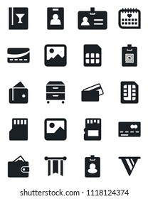 Set of vector isolated black icon - credit card vector, identity, medical calendar, gallery, sd, sim, archive box, wine, pass, wallet, pennon