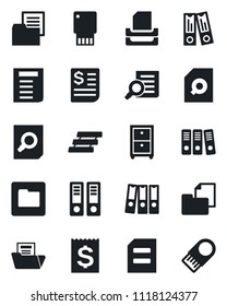 Set of vector isolated black icon - office binder vector, document search, receipt, folder, paper, tray, archive box, usb flash