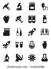 Set of vector isolated black icon - satellite antenna vector, book, blood test vial, dropper, microscope, ampoule, real heart, virus, sd, rocket, flask