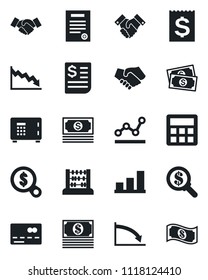 Set of vector isolated black icon - credit card vector, safe, handshake, abacus, cash, receipt, calculator, bar graph, point, contract, crisis, money search