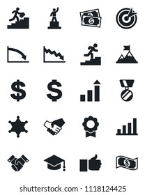 Set of vector isolated black icon - growth statistic vector, dollar sign, pedestal, medal, graduate, cash, finger up, sertificate, bar graph, handshake, career ladder, police, target, motivation