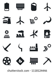 Set of vector isolated black icon - factory vector, sickle, truck trailer, flammable, reel, low battery, sun panel, windmill, water heater, hard work