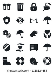 Set of vector isolated black icon - fence vector, umbrella, trash bin, safe, glove, boot, hose, patch, heart hand, shield, eye id, lock, estate insurance, water filter, home protect