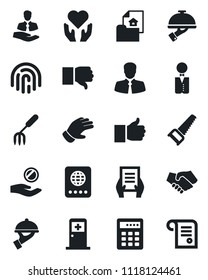Set of vector isolated black icon - passport vector, medical room, document, garden fork, glove, saw, heart hand, client, finger up, down, fingerprint id, estate, waiter, combination lock, handshake