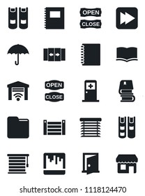 Set of vector isolated black icon - automatic door vector, medical room, book, container, umbrella, fast forward, scanner, folder, copybook, open close, jalousie, garage gate control, storefront