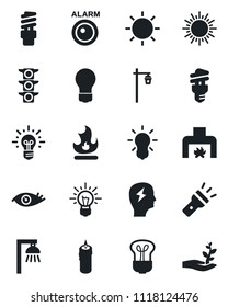 Set of vector isolated black icon - sun vector, brainstorm, bulb, fire, garden light, eye, traffic, torch, fireplace, candle, energy saving, outdoor lamp, alarm led, idea, palm sproute