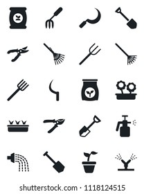 Set of vector isolated black icon - job vector, garden fork, shovel, farm, rake, seedling, watering, pruner, sickle, sprayer, fertilizer, flower in pot, irrigation