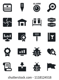 Set of vector isolated black icon - statistic monitor vector, contract, lady bug, plant label, blood test vial, heart diagnostic, medical calendar, warehouse, package, search cargo, application