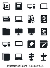Set of vector isolated black icon - passport vector, office binder, notebook pc, document, signpost, monitor, laptop, folder, notes, photo gallery, presentation board, blank box, sale, guidepost