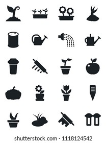 Set of vector isolated black icon - flower in pot vector, seedling, watering can, sproute, plant label, pumpkin, pond, oil barrel, rolling pin, apple fruit, water filter