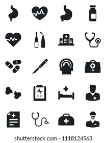 Set of vector isolated black icon - heart pulse vector, doctor case, diagnosis, stethoscope, pills, ampoule, scalpel, tomography, hospital bed, stomach, broken bone, clipboard