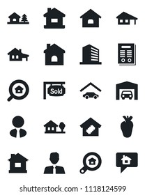 Set of vector isolated black icon - office building vector, house, real heart, contract, with garage, tree, sold signboard, estate search, agent, smart home, message