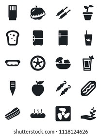 Set of vector isolated black icon - seedling vector, plant label, diet, drink, phyto bar, salad, bacon, bread, kebab, hot dog, apple fruit, fan, fridge, palm sproute