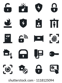 Set of vector isolated black icon - fence vector, security gate, bomb in case, lock, identity card, flammable, protect, eye id, key, estate insurance, vip zone, home control, fingerprint, wireless