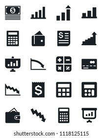 Set of vector isolated black icon - credit card vector, growth statistic, calculator, crisis graph, receipt, bar, wallet, cash, presentation