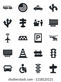 Set of vector isolated black icon - plane radar vector, taxi, airport bus, parking, passport control, signpost, alarm car, border cone, helicopter, disabled, route, traffic light, truck trailer