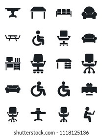 Set of vector isolated black icon - waiting area vector, disabled, office chair, desk, picnic table, cushioned furniture, restaurant, man with notebook