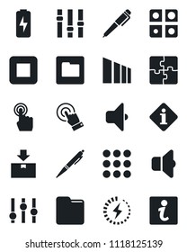 Set of vector isolated black icon - package vector, sorting, settings, touch screen, stop button, menu, folder, charge, application, pen, sound, information