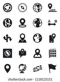 Set of vector isolated black icon - globe vector, seat map, route, navigation, earth, pin, mobile tracking, network, place tag, compass, flag