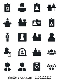 Set of vector isolated black icon - female vector, reception, manager, identity card, place, patient, user, desk, estate agent, pass, group