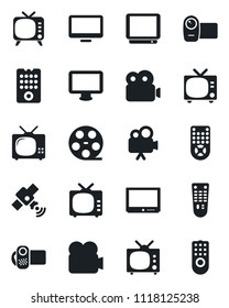 Set of vector isolated black icon - tv vector, reel, satellite, video camera, remote control, monitor