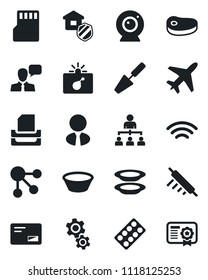 Set of vector isolated black icon - plane vector, bomb in case, hierarchy, trowel, pills blister, speaker, mail, sd, wireless, paper tray, estate agent, insurance, plates, steak, bowl, rolling pin