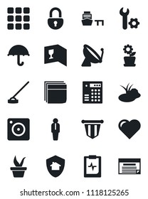 Set of vector isolated black icon - satellite antenna vector, manager, pennant, seedling, hoe, pond, heart, pulse clipboard, sea port, umbrella, menu, mobile camera, lock, root setup, blank box