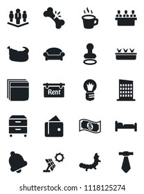 Set of vector isolated black icon - waiting area vector, stamp, bed, bulb, seedling, caterpillar, broken bone, bell, coffee, blank box, meeting, archive, company, rent, city house, chicken, wallet