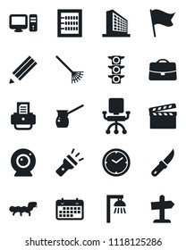 Set of vector isolated black icon - office building vector, printer, rake, garden knife, caterpillar, traffic light, term, clapboard, torch, case, clock, abacus, pencil, turkish coffee, web camera