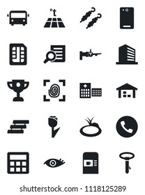 Set of vector isolated black icon - airport bus vector, coffee machine, phone, boarding, office building, document search, pond, eye, hospital, tulip, back, calculator, sim, paper tray, warehouse