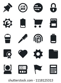 Set of vector isolated black icon - no laptop vector, pen, bucket, heart, paper pin, low battery, settings, stopwatch, sd, network, folder, lock, face id, fingerprint, sertificate, root setup, cart