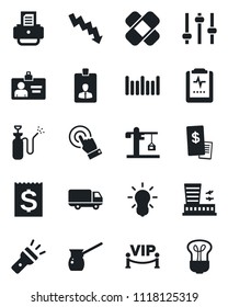 Set of vector isolated black icon - airport building vector, identity card, crisis graph, printer, garden sprayer, patch, pulse clipboard, car delivery, receipt, barcode, touch screen, tuning, torch