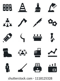 Set of vector isolated black icon - border cone vector, gear, boot, hoe, sickle, axe, themes, hr, point graph, paper binder, desk lamp, meeting, printer, tie, copier, hierarchy, pencil, manager, pen