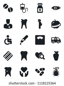 Set of vector isolated black icon - dropper vector, heart diagnostic, scales, pills, bottle, blister, ambulance car, disabled, hand, real, tooth, caries, eye, diet, doctor, pregnancy, virus