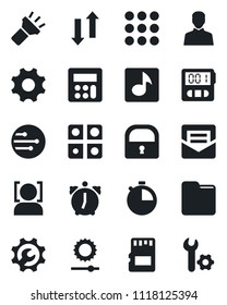 Set of vector isolated black icon - menu vector, settings, user, calculator, alarm, stopwatch, mail, sd, network, folder, data exchange, torch, brightness, lock, face id, music, application