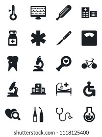 Set of vector isolated black icon - monitor pulse vector, stethoscope, thermometer, heart diagnostic, microscope, scales, pills bottle, ampoule, scalpel, ambulance star, bike, hospital bed, disabled