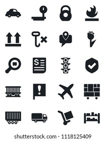 Set of vector isolated black icon - railroad vector, important flag, plane, traffic light, mobile tracking, truck trailer, car delivery, receipt, consolidated cargo, up side sign, no hook, tulip