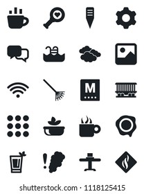 Set of vector isolated black icon - clouds vector, coffee, stamp, rake, plant label, heart diagnostic, railroad, dialog, menu, gallery, settings, pool, wireless, restaurant table, phyto bar, salad