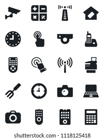 Set of vector isolated black icon - antenna vector, camera, calculator, notebook pc, garden fork, clock, remote control, touch screen, radio phone, copier, smart home, web, surveillance
