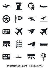 Set of vector isolated black icon - plane vector, airport tower, departure, wind, helicopter, seat map, globe, air conditioner, fan, paper, balloon