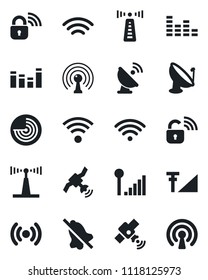 Set of vector isolated black icon - antenna vector, radar, satellite, equalizer, wireless, mute, cellular signal, lock