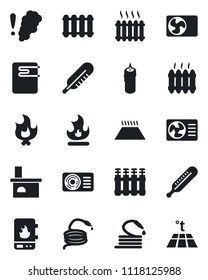 Set of vector isolated black icon - fire vector, hose, fireplace, thermometer, heater, air conditioner, candle, water, smoke detector, radiator, warm floor