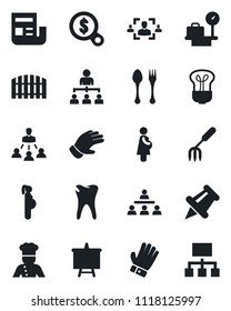 Set of vector isolated black icon - spoon and fork vector, luggage scales, hierarchy, presentation board, garden, glove, caries, pregnancy, paper pin, news, hr, fence, cook, bulb, money search