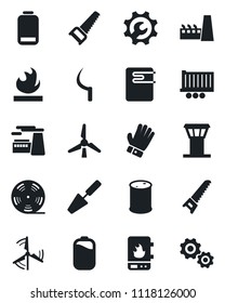 Set of vector isolated black icon - airport tower vector, factory, trowel, glove, saw, sickle, truck trailer, flammable, oil barrel, reel, low battery, root setup, windmill, water heater, gear