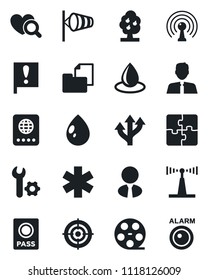 Set of vector isolated black icon - passport vector, wind, water drop, heart diagnostic, ambulance star, route, important flag, folder document, reel, antenna, application, root setup, target