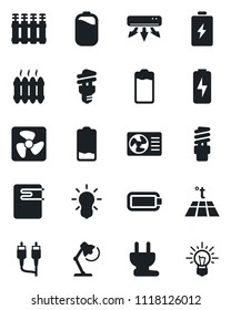 Set of vector isolated black icon - battery vector, low, rca, charge, desk lamp, heater, air conditioner, power plug, fan, water, radiator, warm floor, bulb, energy saving, idea