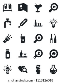 Set of vector isolated black icon - blood test vial vector, thermometer, heart diagnostic, ampoule, search cargo, torch, water supply, estate, client, alcohol, wine card, cocktail, phyto bar, idea