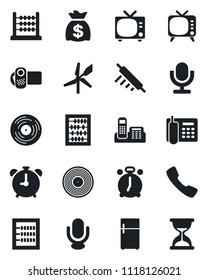 Set of vector isolated black icon - alarm clock vector, tv, abacus, money bag, vinyl, video camera, microphone, call, office phone, rolling pin, fridge, windmill, sand